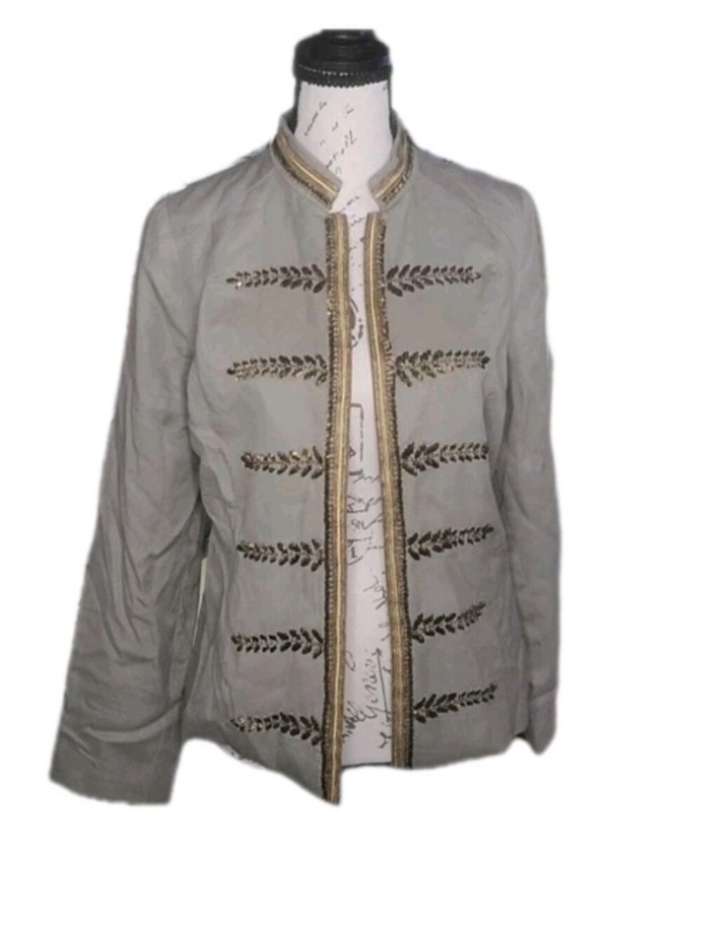 NEW Chicos Gold Sequin Beaded Embellished Green Military Style Jacket Gold Sz 3